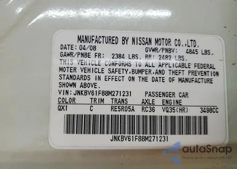 2008 Infiniti G35 z USA, uszkodzony, nr VIN JNKBV61F88M271231